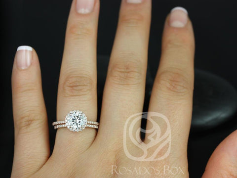1.50ct Kimberly 7.5mm 14kt Moissanite Diamond Round Halo Bridal Set - Rosados Box