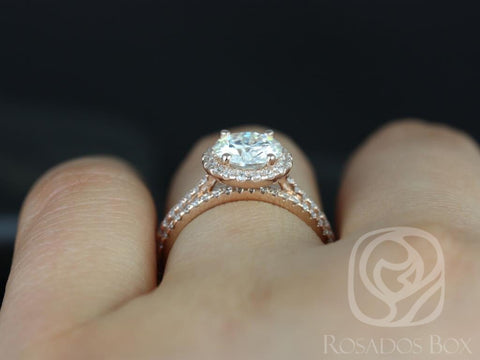 1.50ct Kimberly 7.5mm 14kt Moissanite Diamond Round Halo Bridal Set - Rosados Box