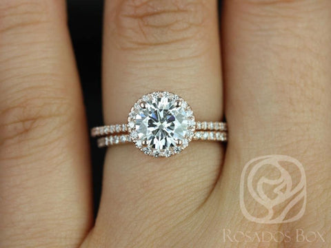 1.50ct Kimberly 7.5mm 14kt Moissanite Diamond Round Halo Bridal Set - Rosados Box