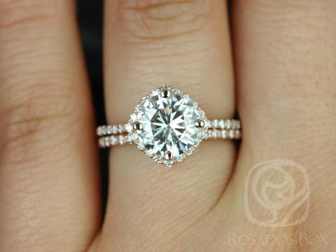 2ct Kitana 8mm 14kt Gold Moissanite Diamonds Dainty Kite Set Cushion Halo Bridal Set - Rosados Box