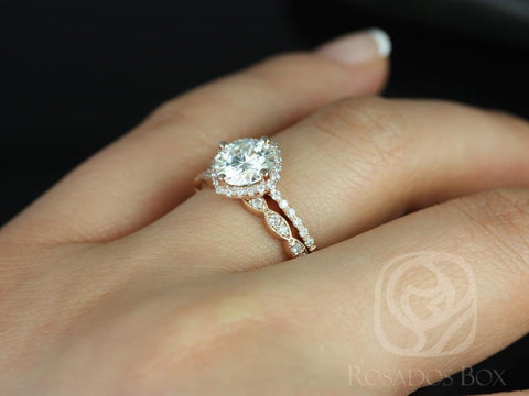 1.25ct Kitana 7mm & Christie 14kt Gold Moissanite Diamonds Art Deco Kite Set Cushion Halo Bridal Set - Rosados Box
