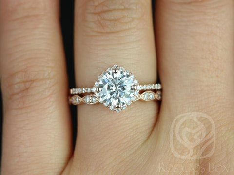 1.25ct Kitana 7mm & Christie 14kt Gold Moissanite Diamonds Art Deco Kite Set Cushion Halo Bridal Set - Rosados Box