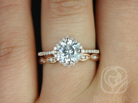 1.25ct Kitana 7mm & Ember 14kt Rose Gold Forever One Moissanite Diamonds Dainty Twist Pave Kite Cushion Halo Bridal Set