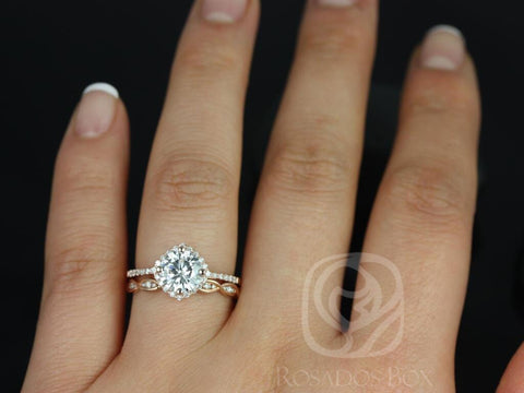 1.25ct Kitana 7mm & Ember 14kt Rose Gold Forever One Moissanite Diamonds Dainty Twist Pave Kite Cushion Halo Bridal Set