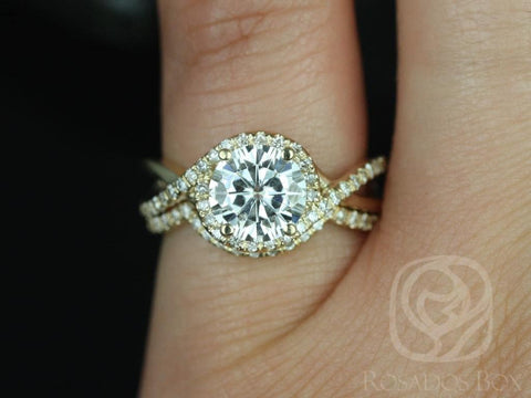 Maritza 7mm 14kt Yellow Gold Round Moissanite Diamonds Halo Twist Bridal Set - Rosados Box