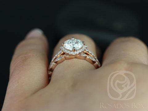 1.25ct Kitana 7mm & Christie 14kt Gold Moissanite Diamonds Art Deco Kite Set Cushion Halo Bridal Set - Rosados Box
