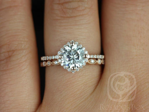 1.25ct Kitana 7mm & Gwen 14kt Moissanite Diamond Art Deco Kite Cushion Halo Bridal Set - Rosados Box