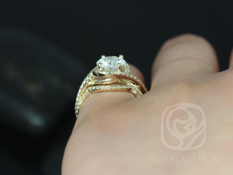 Maritza 7mm 14kt Yellow Gold Round Moissanite Diamonds Halo Twist Bridal Set - Rosados Box