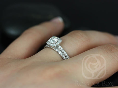Rosados Box Ready to Ship Mikena 5mm 14kt White Gold Round Forever One DEF Moissanite Diamonds Cushion Halo Bridal Set - Rosados Box