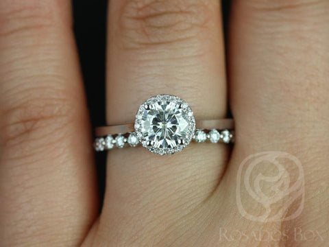1ct Ready to Ship Amerie 6.5mm & Petite Naomi 14kt White Gold Moissanite Diamond Round Halo Bridal Set - Rosados Box