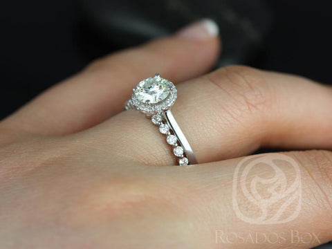 1ct Ready to Ship Amerie 6.5mm & Petite Naomi 14kt White Gold Moissanite Diamond Round Halo Bridal Set - Rosados Box