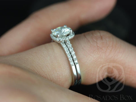 Barra 7mm 14kt White Gold Round Moissanite Diamonds Thin Cushion Halo Bridal Set - Rosados Box