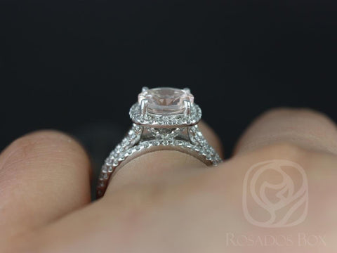 Ready to Ship Pasley 8mm 14kt White Gold Morganite Diamond Cushion Halo with a Split Band Bridal Set