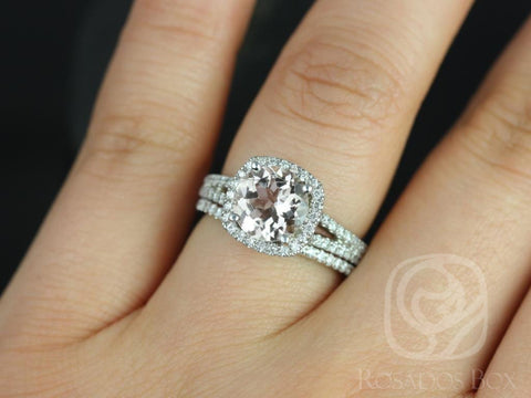 Ready to Ship Pasley 8mm 14kt White Gold Morganite Diamond Cushion Halo with a Split Band Bridal Set