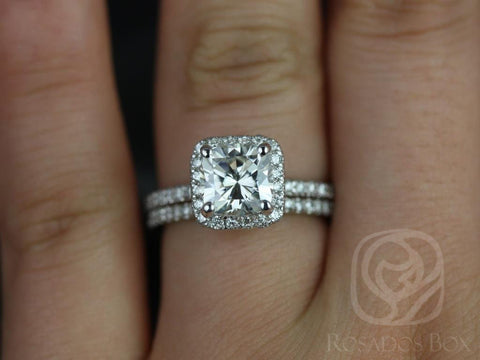 1.70ct Pernella 7mm 14kt White Gold Moissanite Diamonds Dainty French Pave Cushion Halo Classic Bridal Set - Rosados Box