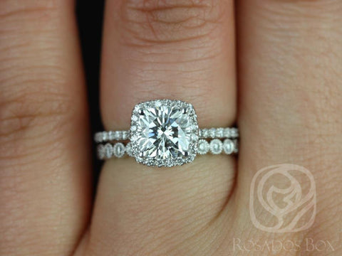 1.30ct Catalina 6.5mm & Petite Bubbles 14kt White Gold Moissanite Diamond Cushion Halo Bridal Set - Rosados Box