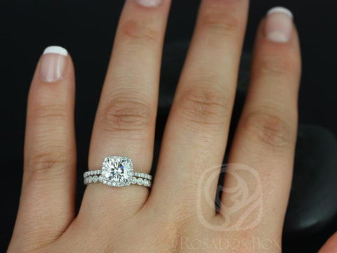 1.30ct Catalina 6.5mm & Petite Bubbles 14kt White Gold Moissanite Diamond Cushion Halo Bridal Set - Rosados Box