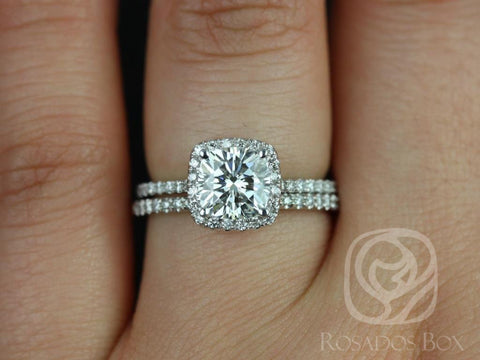 1.30ct Catalina 6.5mm 14kt Gold Moissanite Diamond Dainty Cushion Halo Bridal Set - Rosados Box