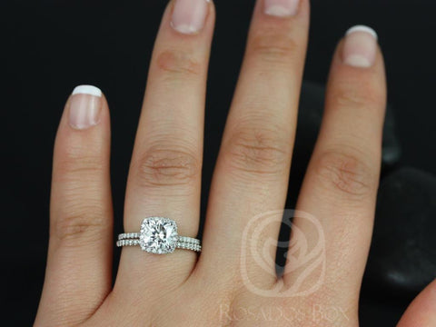 1.30ct Catalina 6.5mm 14kt Gold Moissanite Diamond Dainty Cushion Halo Bridal Set - Rosados Box