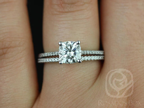 1.30cts Marcelle 6.5mm 14kt White Gold Moissanite Diamond Dainty Cathedral Cushion Bridal Set - Rosados Box