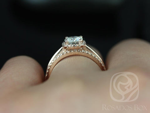 0.75ct Bella 6mm & Barra DIA 14kt Moissanite Diamond Cushion Halo Bridal Set - Rosados Box