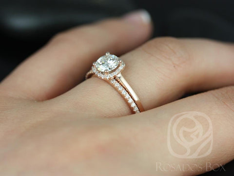 0.75ct Bella 6mm & Barra DIA 14kt Moissanite Diamond Cushion Halo Bridal Set - Rosados Box