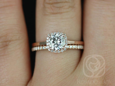 0.75ct Bella 6mm & Barra DIA 14kt Moissanite Diamond Cushion Halo Bridal Set - Rosados Box