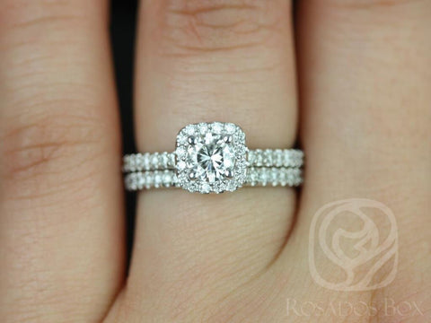 Rosados Box Ready to Ship Mikena 5mm 14kt White Gold Round Forever One DEF Moissanite Diamonds Cushion Halo Bridal Set - Rosados Box