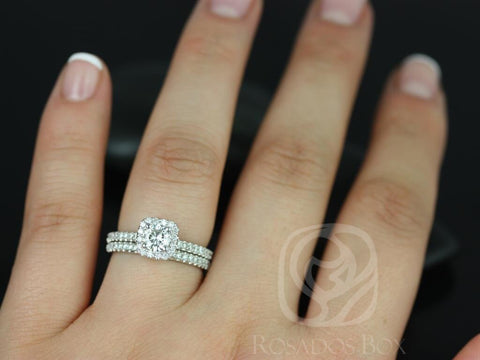 Rosados Box Ready to Ship Mikena 5mm 14kt White Gold Round Forever One DEF Moissanite Diamonds Cushion Halo Bridal Set - Rosados Box