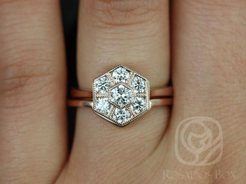 Mosaic Grande 14kt Gold WITH Milgrain Diamonds Hexagon Cluster Bridal Set - Rosados Box