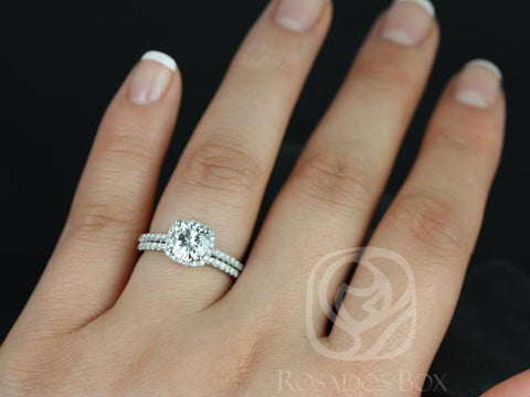 Barra 7mm 14kt White Gold Round Moissanite Diamonds Thin Cushion Halo Bridal Set - Rosados Box