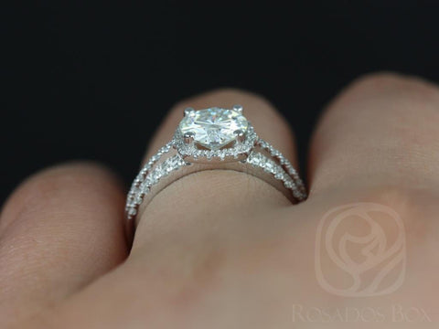 Barra 7mm 14kt White Gold Round Moissanite Diamonds Thin Cushion Halo Bridal Set - Rosados Box