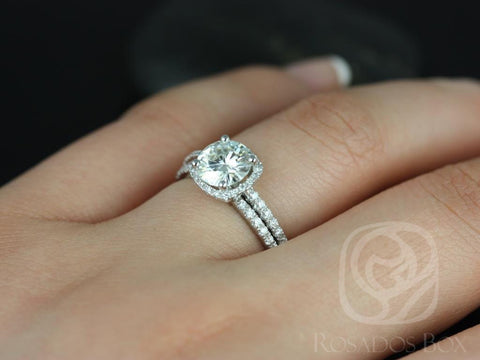 Barra 7mm 14kt White Gold Round Moissanite Diamonds Thin Cushion Halo Bridal Set - Rosados Box