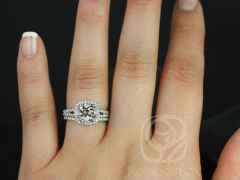 Ready to Ship Pasley 8mm 14kt White Gold Morganite Diamond Cushion Halo with a Split Band Bridal Set