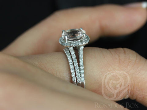 Ready to Ship Pasley 8mm 14kt White Gold Morganite Diamond Cushion Halo with a Split Band Bridal Set