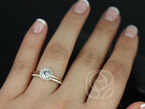 0.75ct Bella 6mm & Barra DIA 14kt Moissanite Diamond Cushion Halo Bridal Set - Rosados Box