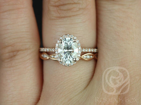 1.50cts Rebecca 8x6mm & Ember Moissanite Diamond Dainty Pave Oval Halo DNA Twist Wedding Set Rings,Rosados Box - Rosados Box