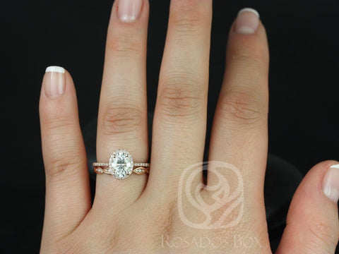 1.50cts Rebecca 8x6mm & Ember Moissanite Diamond Dainty Pave Oval Halo DNA Twist Wedding Set Rings,Rosados Box - Rosados Box