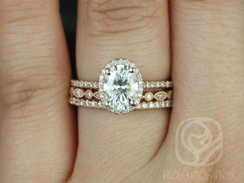1.50cts Rebecca 8x6mm & Gwen 14kt Rose Gold Moissanite Diamond Dainty Art Deco Oval Halo TRIO Bridal Set