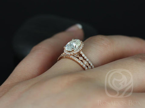 1.50cts Rebecca 8x6mm & Gwen 14kt Rose Gold Moissanite Diamond Dainty Art Deco Oval Halo TRIO Bridal Set