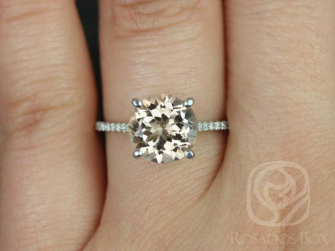 Ready to Ship Eloise 10mm 14kt White Gold Morganite Diamonds Round Solitaire Accent Ring - Rosados Box