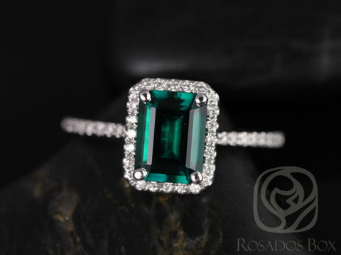 Ready to Ship Esmeralda 8x6mm 14kt White Gold Green Emerald Birthstone Diamond Dainty Pave Halo Engagement Ring