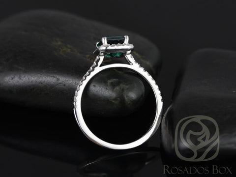 Ready to Ship Esmeralda 8x6mm 14kt White Gold Green Emerald Birthstone Diamond Dainty Pave Halo Engagement Ring