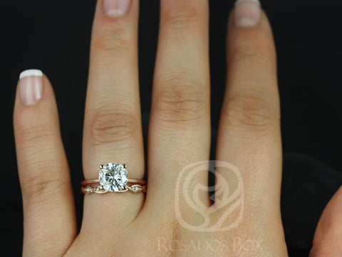 2ct Skinny Alberta 8mm & Ember 14kt Rose Gold Moissanite Diamond Dainty Round Solitaire Bridal Set - Rosados Box