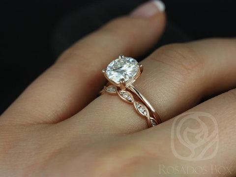 2ct Skinny Alberta 8mm & Ember 14kt Rose Gold Moissanite Diamond Dainty Round Solitaire Bridal Set - Rosados Box