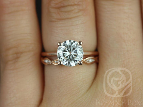 2ct Skinny Alberta 8mm & Ember 14kt Rose Gold Moissanite Diamond Dainty Round Solitaire Bridal Set - Rosados Box