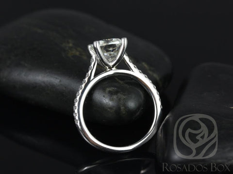 Ready to Ship Jenelle 7.5mm 14kt White Gold Cushion Forever One Moissanite Diamonds Cathedral Engagement Ring