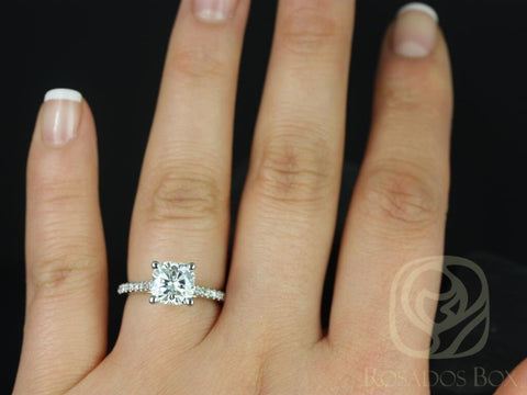 Ready to Ship Jenelle 7.5mm 14kt White Gold Cushion Forever One Moissanite Diamonds Cathedral Engagement Ring