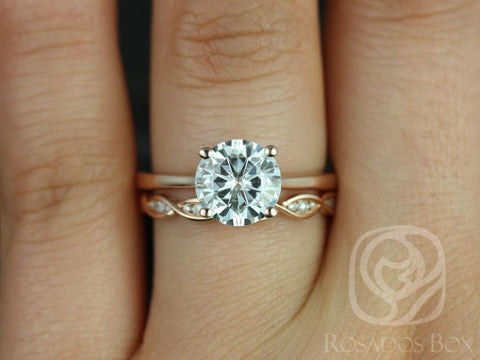 2ct Skinny Flora 8mm & Ember 14kt Rose Gold Moissanite Diamonds Twist Round Solitaire Bridal Set