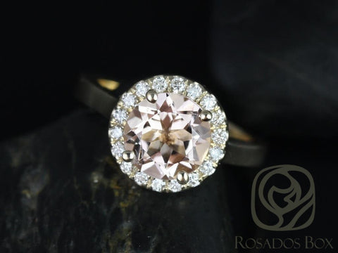 Rosados Box Ready to Ship Feema 8mm 14kt Yellow Gold Round Morganite and Diamonds Halo Engagement Ring - Rosados Box